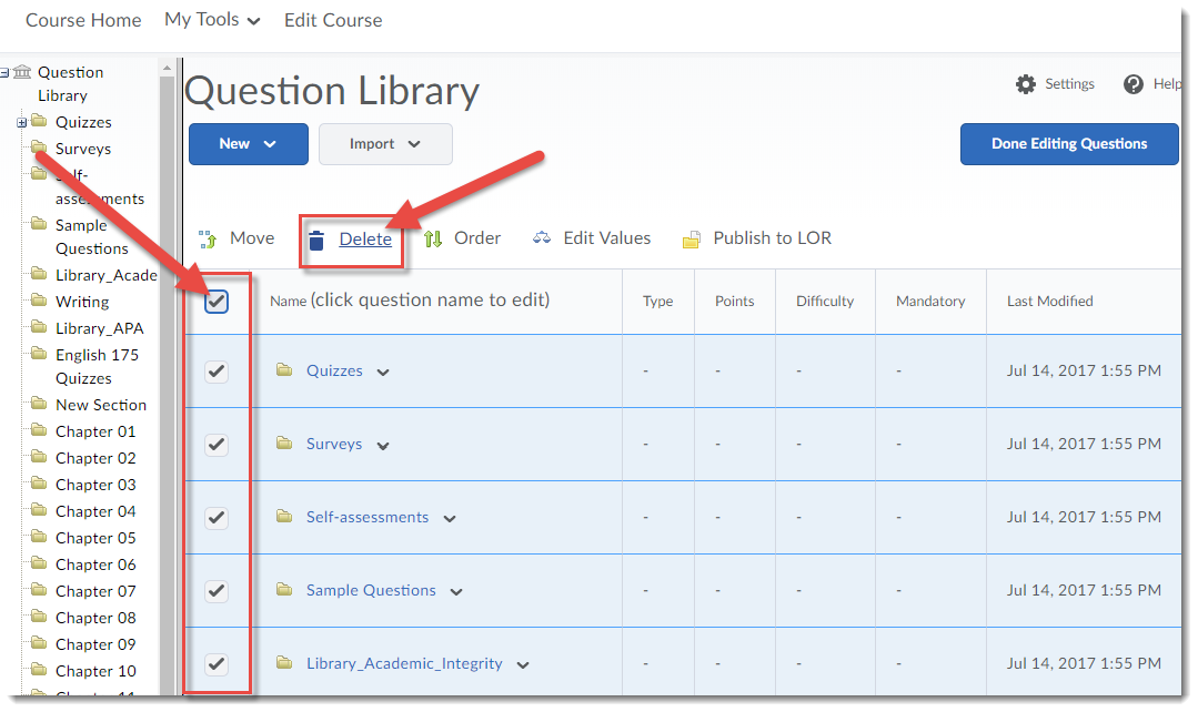 Select all in the Question Library, then click Delete