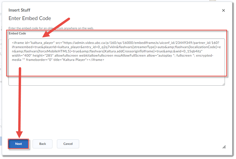 Paste the embed code and click Next