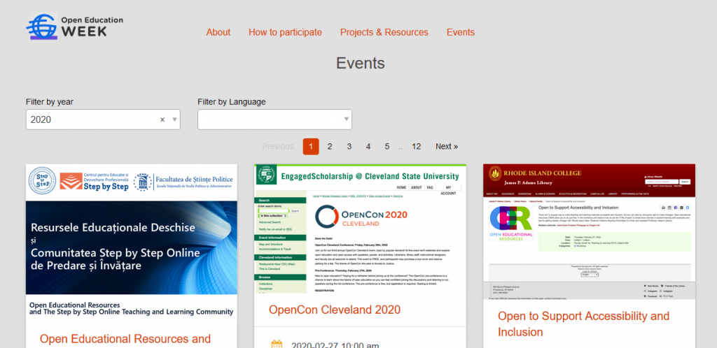 Open Ed Week events page screen capture