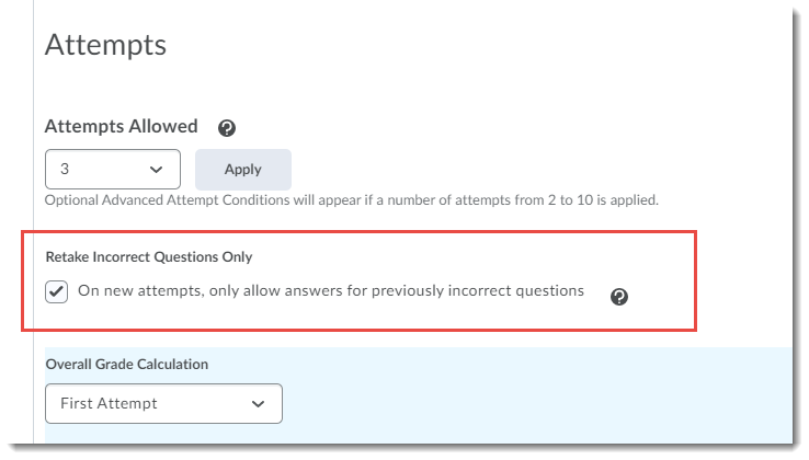 Retake Incorrect Questions Only setting
