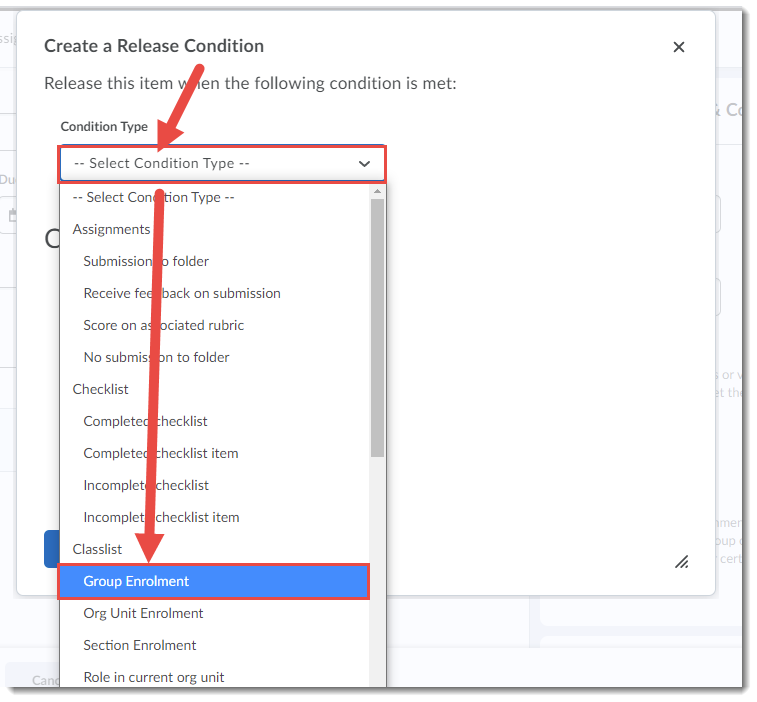 Click Select Conditional Release and select Group Enrolment