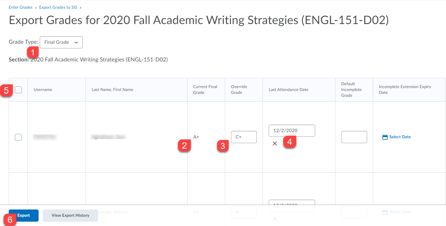 Export Grades screen setup